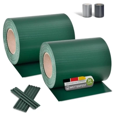 Abbildung von Juskys PVC Sichtschutzstreifen Doppelstabmatten Zaun 2er Set 2 Rollen á 35m x 19cm 60 Befestigungsclips Zaunfolie Sichtschutz Windschutz grün