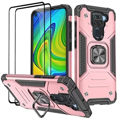 Abbildung von KANSi Hülle kompatibel für Xiaomi Redmi Note 9, Schutzfolie [2 Stück] Silikon TPU Hart PC Handy Hüllen 360 Grad Drehbar Ringhalter Bumper Stoßdämpfung Schutzhülle Rosé Gold