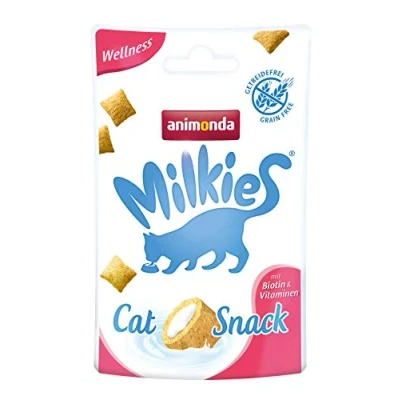 Abbildung von Milkies Katzensnack mit Milch Wellness (12 x 30g), getreidefreie Knusperkissen Katzensnacks für erwachsene Katzen von animonda