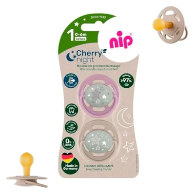 Abbildung von NIP CHERRY Rundsauger Schnuller Leuchtschnuller, NIGHT 0 6 Monate, ab Geburt 0+ leuchtet im Dunkeln, NACHHALTIG, 2er Pack, STILLFREUNDLICH