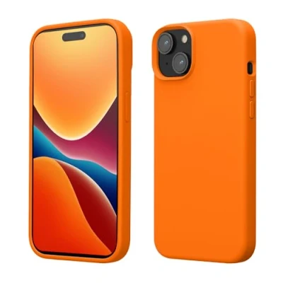 Abbildung von kwmobile Hülle für das iPhone 15 Plus Silikon Handy Case stoßfeste Handyhülle mit weicher Oberfläche Fruity Orange