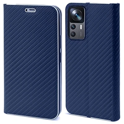 Abbildung von Moozy Hülle für Xiaomi 12T und Pro, Dunkelblau Carbon Metallischer Kantenschutz Klapphülle Handyhülle mit Kartenfach Standfunktion