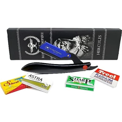Abbildung von Razor Blades Club Römisches Reich Rasiermesser Herkules Neues Rasiermesser, professioneller Friseurrasierer für Bart, Schnurrbart und Konturen (Astra Sharp Shark Voskhod) (blau, 20 Einheiten (1 Stück)