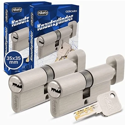 Abbildung von GERCAR Pro Knaufzylinder 35/35 Massiver Schließzylinder gleichschließend mit Knauf 2er Set Zylinderschloss aus Messing Matt Vernickelt inkl. 10x Wendeschlüssel Länge: 70 mm, A:35 B:35 2x