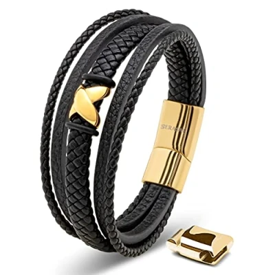 Abbildung von SERASAR Herren Accessoires 17cm Gold Armband Leder Armreif Lederband Herrenarmreif Armschmuck Schmuck Herrenschmuck Armkette Flecht Wickelarmband Kette Bracelet