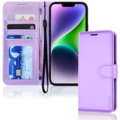 Abbildung von TECHGEAR hülle iPhone 14 Leder klappbar, PU Flip Schutzhülle Ledertasche [Brieftasche] Handyhülle mit Ständer und Handschlaufe Lavendel Kompatible (6,1&quot;)