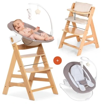 Abbildung von hauck Alpha Plus Newborn Set Deluxe Baby Holz Hochstuhl ab Geburt mit Liegefunktion inkl. Aufsatz für Neugeborene &amp; Sitzpolster mitwachsend, verstellbar Natur Beige