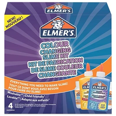 Abbildung von Elmer’s Colour Changing Slime Set Zubehör für Schleim enthält farbwechselnden Kleber mit magischer Aktivator Lösung wird aktiviert durch UV Licht 4 teiliges Kit