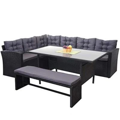Abbildung von Mendler Poly Rattan Garnitur HWC A29, Gartengarnitur Sitzgruppe Lounge Esstisch Set, mit Bank schwarz Kissen dunkelgrau