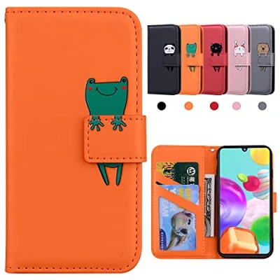Abbildung von Galaxy A41 Hülle, Samsung Klappbar Stoßfeste Schutzhülle, Hülle Samsung, Handyhülle A41, Karikatur Flipcase für Frosch, Orange