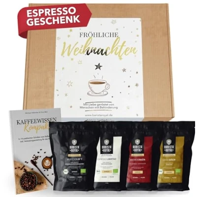 Abbildung von Espresso Geschenk Weihnachten (4 x 100g) Geschenkidee Espressobohnen Probierset Fröhliche ganze Bohne