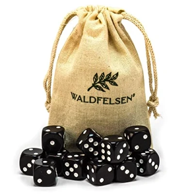 Abbildung von Waldfelsen 6, 12, 20, 30 oder 50 hochqualitative Würfel Standardgröße 16 mm Acrylwürfel Knobel Spielwürfel Dice 6 seitig sechsseitig Spielzubehör Set mit Stoffbeutel (Schwarz, 12 Stück)