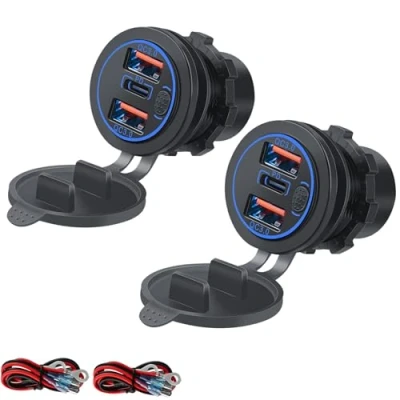 Abbildung von Intckwan 12v USB Steckdose, 66W, PD und QC3.0 Motorrad Steckdose Wasserdicht, Einbaubuchse mit Schalter Blau Spannungsanzeige, Buchse Einbau für 12 24v Kfz Boot LKW Wohnwagen(2 Stück)