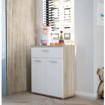 Abbildung von Forte Winnie Kommode mit 2 Türen und 1 Schublade, Holzwerkstoff, Sonoma Eiche / Weiß, 79,9 x 93 34,8 cm