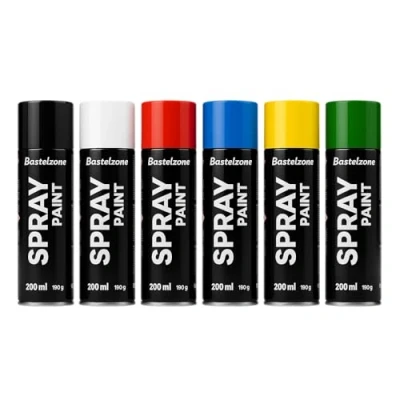 Abbildung von Sprayfarben Set 6 Farben je 200 ml. Schnelltrocknende Sprühfarben für Holz, Stein, Wand, Metall, Glas. Ideal Reparaturen, Graffiti usw. Glänzend, Spraydose, Hochglanz, Sprühlack