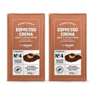 Abbildung von by Amazon Espresso Crema gemahlener Kaffee 500 g (2 x 250 g) Mittlere Röstung Rainforest Alliance Zertifizierung (Früher Marke Happy Belly)