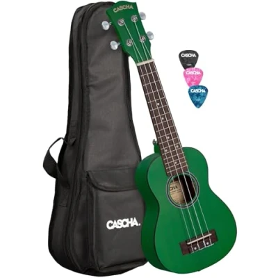 Abbildung von CASCHA Mahagoni Grün Sopran Linkshänder Ukulele Erwachsene &amp; Kinder inkl. 3 Plektren gepolsterte Tasche Mahagoniholz für Anfänger Fortgeschrittene Aquila Nylon Saiten