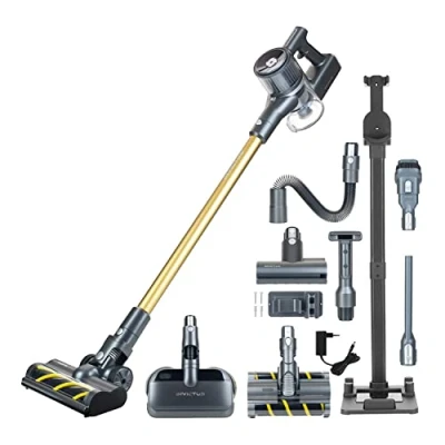 Abbildung von Genius Akku Stielstaubsauger INVICTUS X8 Hand Staubsauger Deluxe Set 23tlg. mit Wischmopp, Beutellos HEPA Filter, Akkusauger Aufbewahrungs und Ladestation Nassreinigung LED Licht
