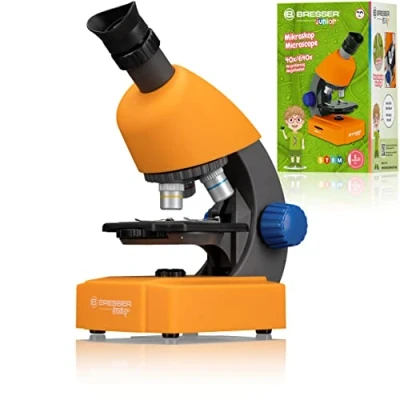 Abbildung von Bresser Junior Mikroskop 40x 640x mit LED Durchlichtbeleuchtung Batteriebetrieb für Kinder und Einsteiger, orange
