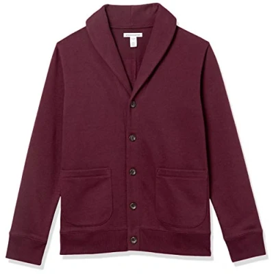 Abbildung von Amazon Essentials Herren Strickjacke aus Fleece mit Langen Ärmeln und Schalkragen, Burgunderrot, L