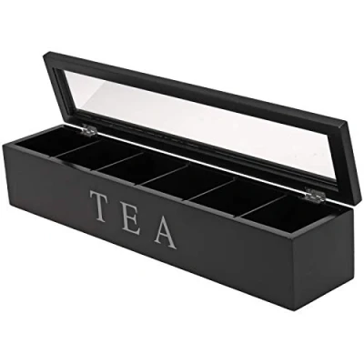 Abbildung von Teebox JEMAL, Schwarz, Deckel mit Sichtfenster, MDF, 6 Fächer für Teebeutel, B 43 x H 9 T cm