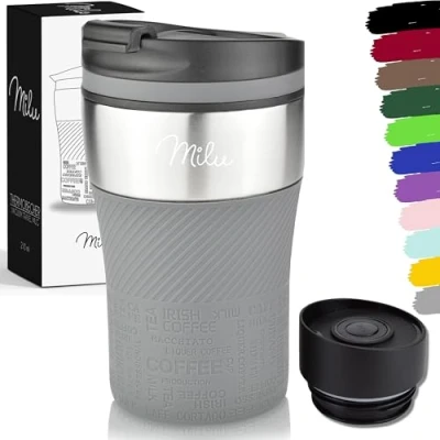 Abbildung von Milu Thermobecher Kaffee to go 210ml 100% Auslaufsicher Isolierbecher, Kaffeebecher, Trinkbecher aus Edelstahl Autobecher doppelwand Isolierung Travel Mug (Grau)