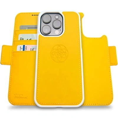 Abbildung von Dreem Fibonacci kompatibel mit iPhone 14 Pro Max Brieftaschen Etui / 2 in 1 stoßfestes und abnehmbares Folio aus veganem Leder, MagSafe kompatibel, RFID Schutz [Gelb]