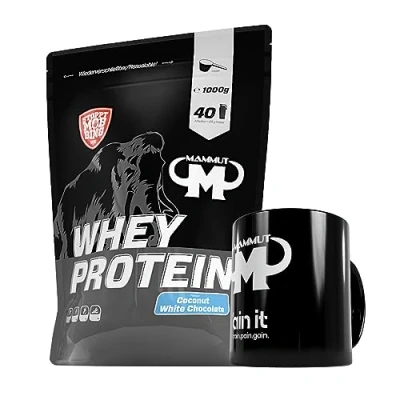 Abbildung von 1kg Mammut Whey Protein Eiweißshake Set inkl. Shaker, Riegel, Powderbank oder Tasse (Coconut White Chocolate, Keramik Tasse)