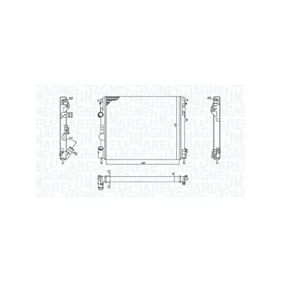Abbildung von MAGNETI MARELLI 350213192600 Kühler, Motorkühlung 480 414 23 Kühlrippen mechanisch gefügt RENAULT: Kangoo I, CLIO 2, I Rapid