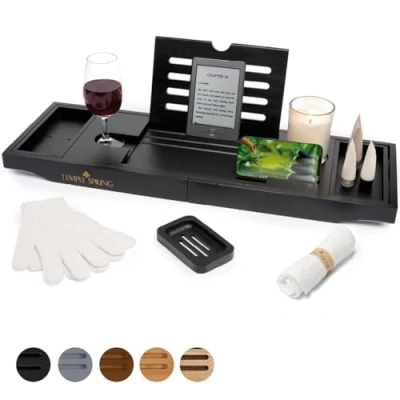 Abbildung von TEMPLE SPRING Badewannenablage Bambus mit Kerzen , Weinglas Buch Tablet iPad und Telefonhalter. Badewannentablett ausziehbar, Holz, Bathtub Tray 100% (Schwarz)
