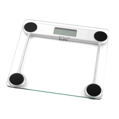 Abbildung von Botti Elektronische Badezimmerwaage LIGHT Präzisionsmessung bis 180 kg LED Anzeige Gehärtetes Glas Kompakt 3 Maßeinheiten Batterie und Überlastanzeige