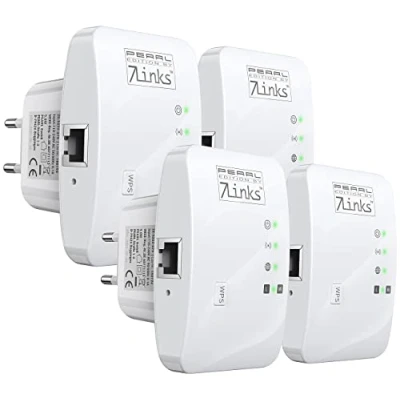 Abbildung von 7links Kleine WLAN Repeater: 4er Set Mini Repeater mit WPS Taste, 300 Mbit/s, 2,4 GHz &amp; LAN (Mobiler Repeater, RJ45, Netzwerkkabel)