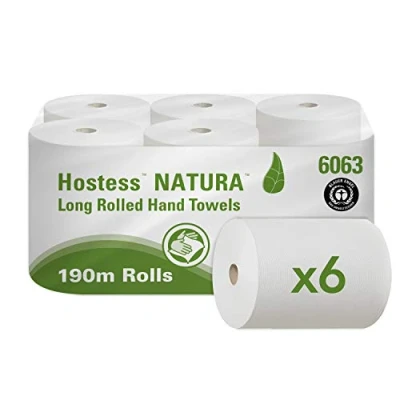 Abbildung von Hostess NATURA Papierhandtücher aus 100% Recyclingmaterial 6063 1 lagige Rollenhandtücher 6 x 190 m in Rollen (1,140 gesamt)