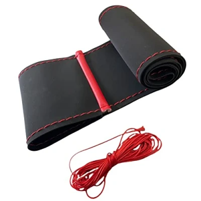 Abbildung von LB104 Lenkradbezug 37 39 cm zum Schnüren Schwarz Alcantara mit rote Naht