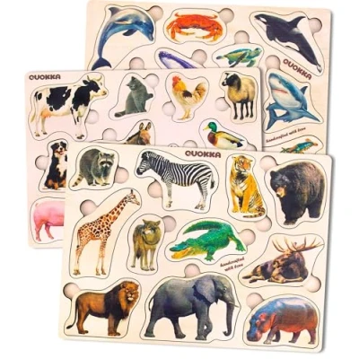 Abbildung von QUOKKA Spielzeug Puzzle ab 1 2 Jahre 3 Set Montessori Holz Steckpuzzle für Kinder 4 Realistischer Tiere Holzpuzzle Lernspielzeug Mädchen and Jungen