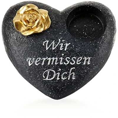 Abbildung von COM FOUR® Grab Dekoration in Herz Form mit goldfarbener Rose Gedenkstein Halter für Grabkerze wetterfester Grabschmuck Trauerstein Gedenkspruch