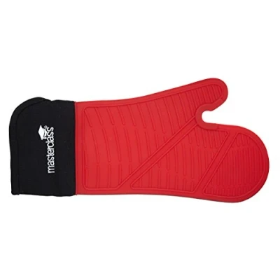 Abbildung von MasterClass Kitchen Craft Hitze und Wasserbeständiger Ofenhandschuh, Nahtloser, Rutschfester Ofenhandschuh zum Backen Kochen, Maschinenwaschbar, Silikon/Baumwolle Schwarz/Rot, 25 x 20 cm