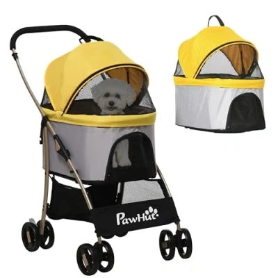 Abbildung von PawHut Hundewagen, 2 in 1 Hundetrolley, Tragetasche, faltbarer Hundebuggy mit Kissen, Katzenwagen für kleine Hunde, Katzen, Katzenbuggy 4 Rädern, Netzfenster, Oxfordstoff, Gelb