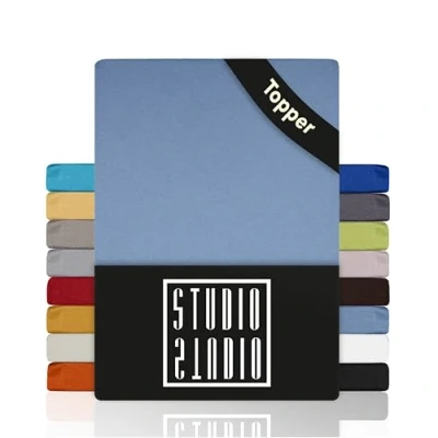 Abbildung von STUDIO Spannbettlaken Basic Topper, viele Größen, 100% Baumwolle, OEKO TEX 100, Jersey, Gummizug: rundum, (1 Stück), 90x200 cm Topper Spannbetttuch bis 14 Höhe Mittelblau