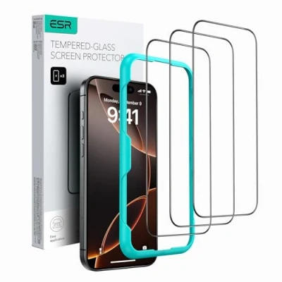 Abbildung von ESR für iPhone 16 Pro Panzerglas, Displayschutzfolie 3 Stück, gehärtete Glasfolie mit einfachem Befestigungswerkzeug, 9H Härte, Militärgrad bruchsicher, volle Abdeckung, HD klar, kratzfest