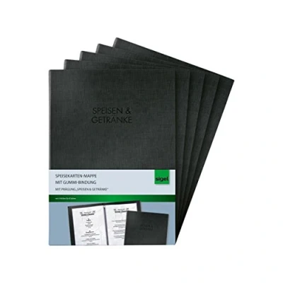 Abbildung von SIGEL SM116/5 Speisekarten Mappen mit Gummi Bindung für A5, 5 er Pack, schwarz edler Leinenstruktur, strapazierfähig und leicht abwischbar