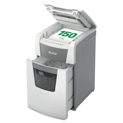 Abbildung von Leitz IQ Autofeed Office Aktenvernichter, 150 Blatt Papierstapel schreddern, Zeit sparen mit automatischem Einzug, Mikroschnitt P5, 44L Abfallbehälter, Leiser Betrieb für Büro, 80140000