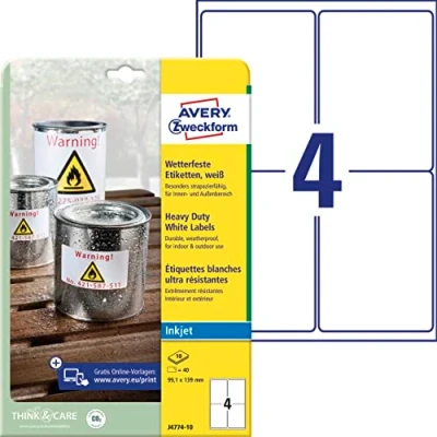 Abbildung von AVERY Zweckform J4774 10 Wetterfeste Folienetiketten Inkjet (40 Aufkleber, 99,1x139mm auf A4, extrem stark selbstklebend, wasserfest, strapazierfähig, bedruckbare Outdoor Klebefolie) Blatt, weiß