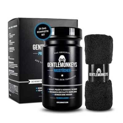 Abbildung von GENTLEMONKEYS Profi Autopflege Set (2 x 45 Nasstücher + 2 Mikrofasertücher) Auto waschen ohne Wasser Pflegeset Für Innen &amp; Außen Auto, Oldtimer, Camper Tuch Größe: 20x33 cm