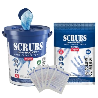 Abbildung von SCRUBS in a bucket mit nachhaltigem Refill Nachfüllpack je 72 Stück Handreinigungstücher inkl. 5 St. DEWEPRO® SingleScrubs