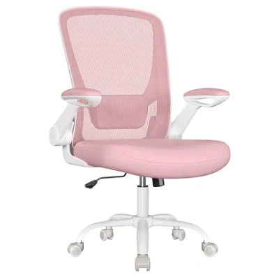 Abbildung von SONGMICS Bürostuhl, Schreibtischstuhl, Drehstuhl mit Netzbespannung, ergonomisch, gepolsterte Lendenstütze, Wippfunktion, 53 cm große Sitzfläche, klappbare Armlehnen, pastellrosa OBN037R01