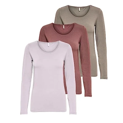 Abbildung von ONLY Damen Onllive Love LS O Neck TOP 3 Pack, Walnut/Rose Brown/Lavender Fog, XXL