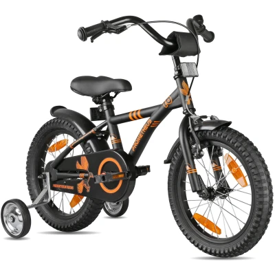 Abbildung von PROMETHEUS BICYCLES Kinderfahrrad 16 Zoll ab 5 Jahren Kinder Fahrrad Mädchen Jungen mit Stützräder Rücktrittbremse in Schwarz Matt Orange