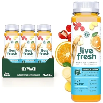 Abbildung von LiveFresh HEY WACH Wachmacher Kaltgepresster Saft aus frischen Superfruits Keine Zusätze, kein zusätzlicher Zucker Mit Vitamin C inkl. 6 Pfand 24 x 250ml