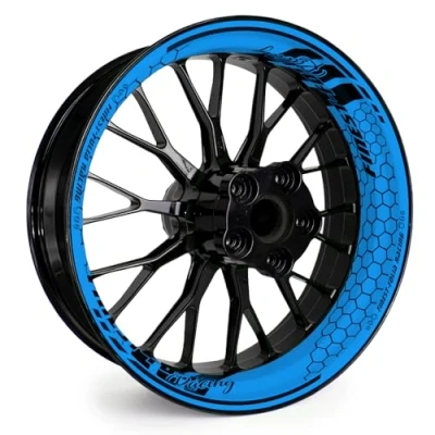 Abbildung von 4 teiliges Felgenbettaufkleber Set für 17 Zoll Felgen Komplett Dekor Folie Motorrad Felgenrandaufkleber selbstklebend wasserfest uv beständig MR021 (11 05 Neon Blau FF Racing)